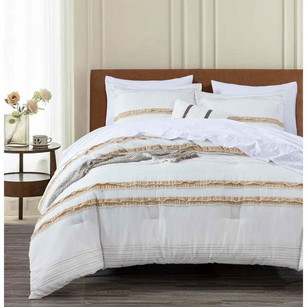 White Comforter with Tan Stripe Detailing - Elegant Layered Comfort - Picture 1 of 5